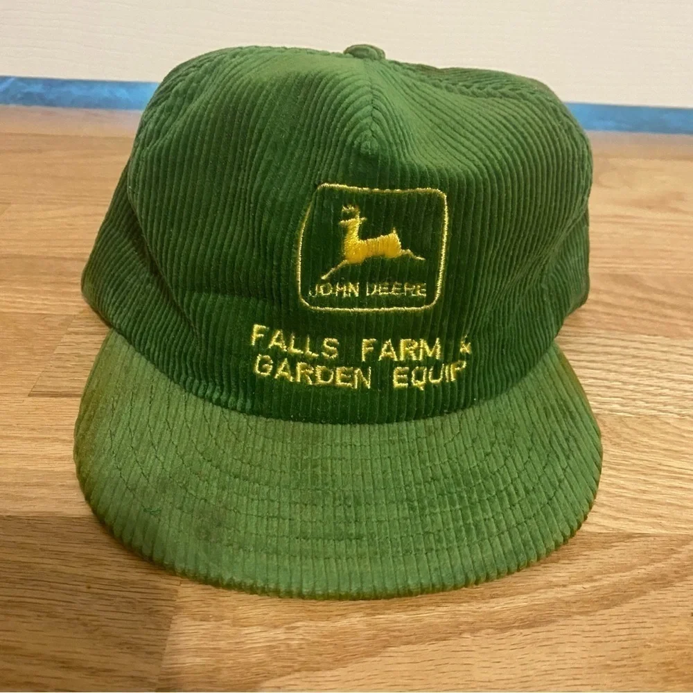 Vintage John Deere Corduroy Hat Falls Farm & Garden Equipment Snap Back USA